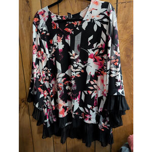 Alfani Floral PLus Size XL Bell Sleeve Sheer Ruffle Hem Blouse Top Shirt Flowers